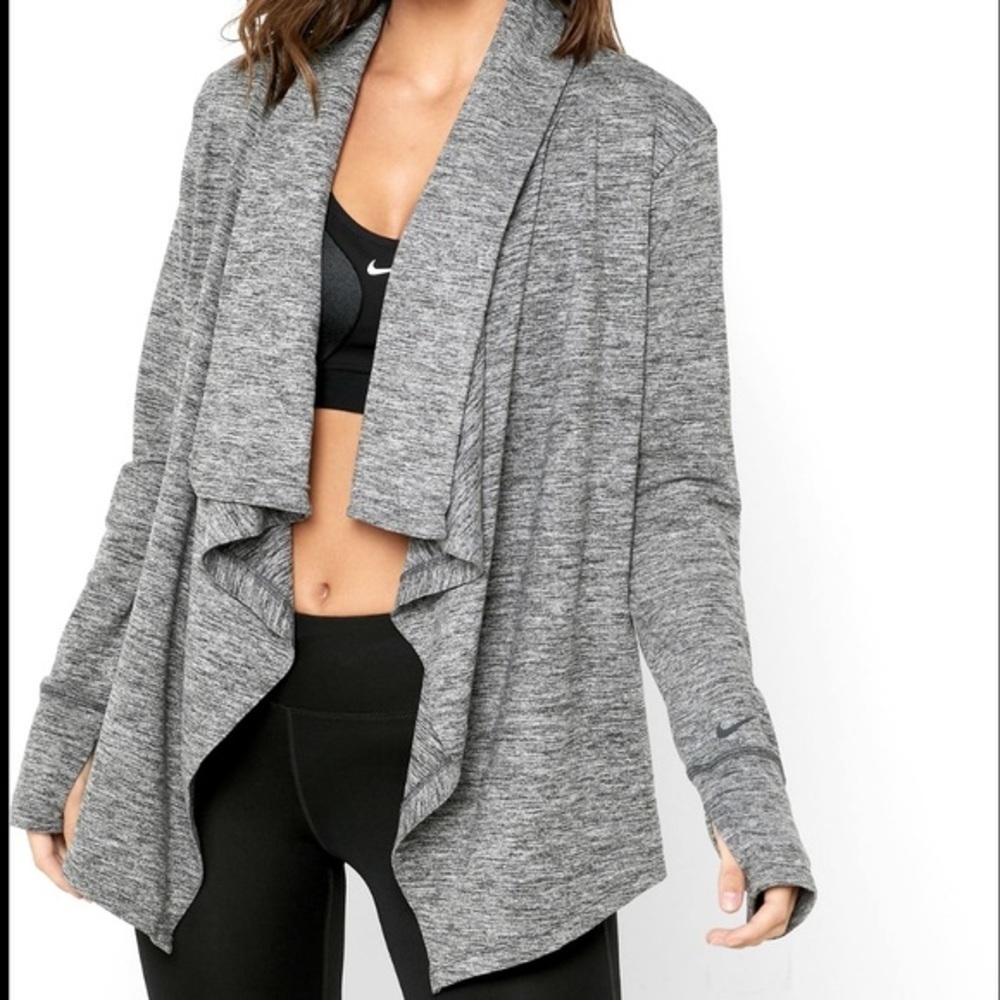 Nike Dri Fit Sweater Womens Open Drape Front Cardigan Yoga Soft Luxe Size M Gray